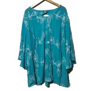 Catherine's Women's Aqua Blue Embroidered Gauze Tunic Bell Sleeves Plus Size‎ 4X